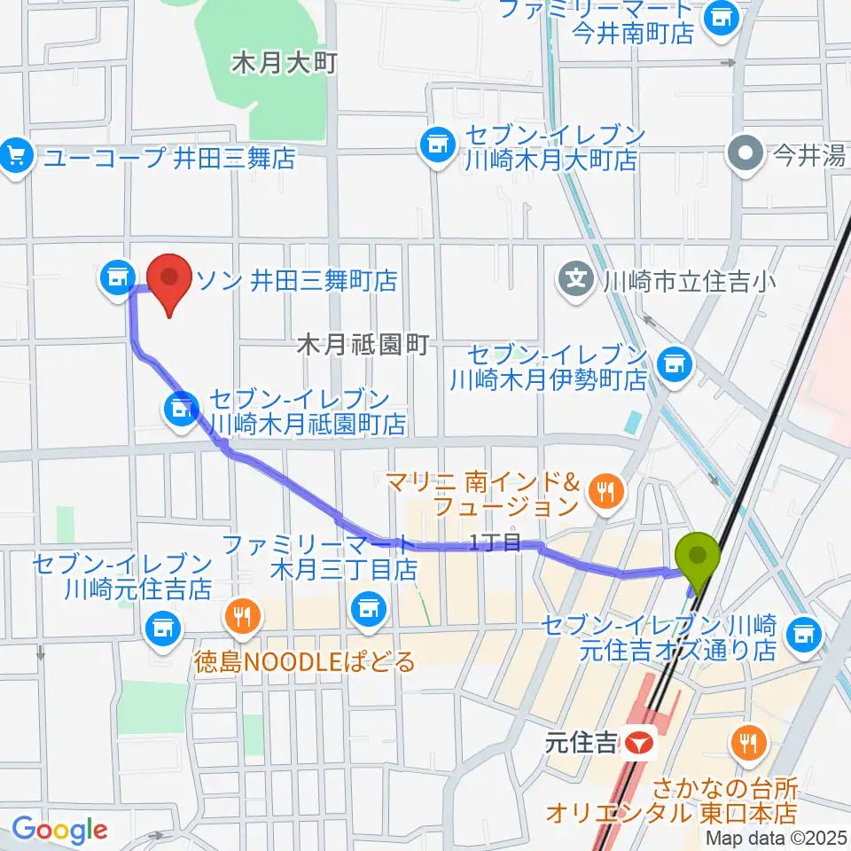 川崎市国際交流センターの最寄駅元住吉駅からの徒歩ルート（約11分）地図