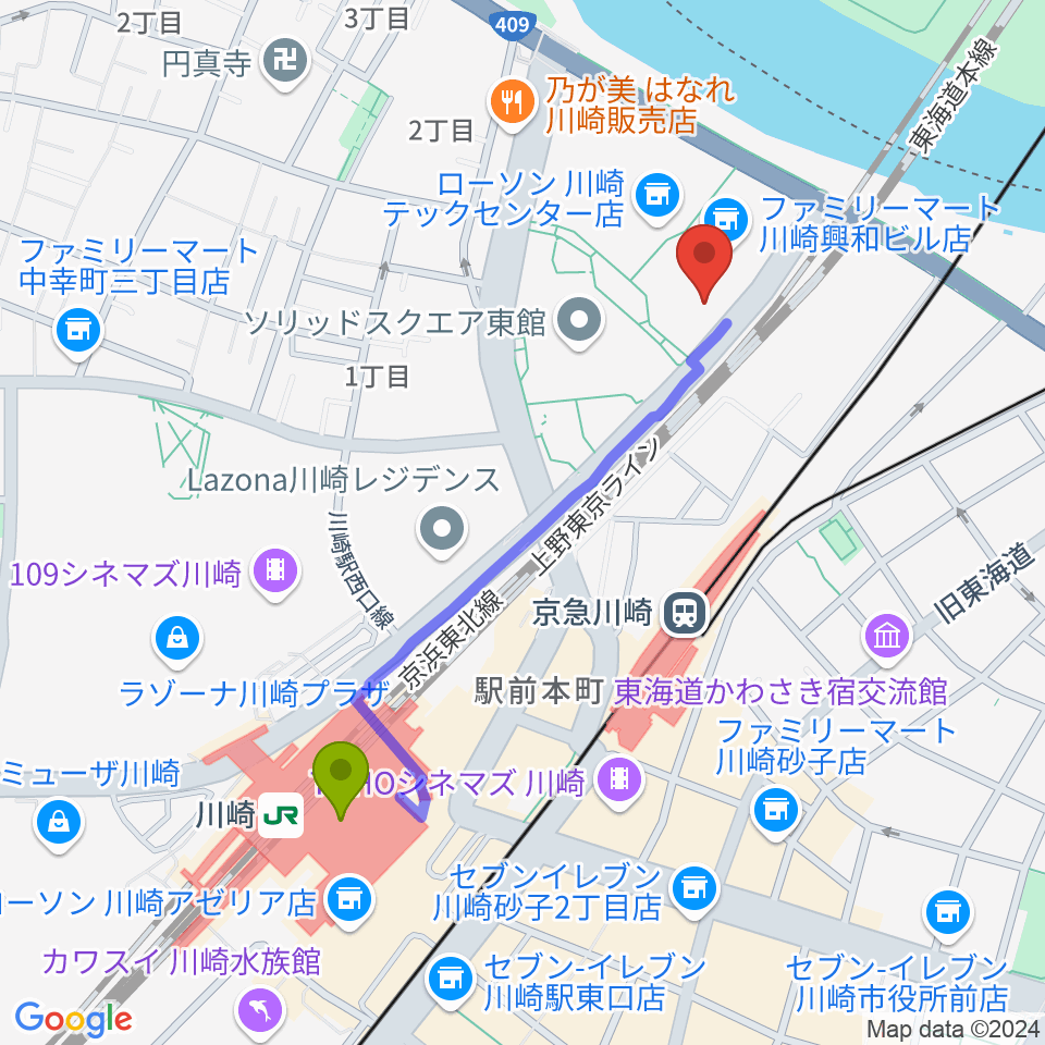 川崎駅から川崎市産業振興会館へのルートマップ地図