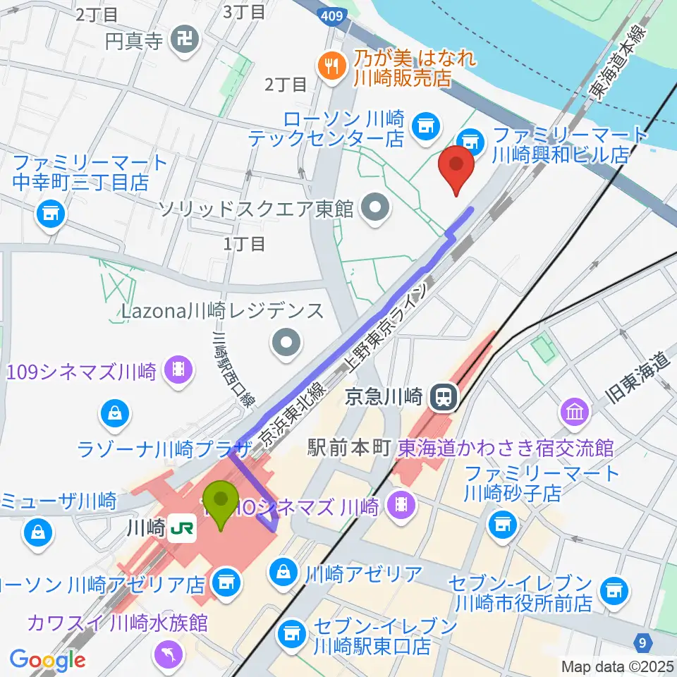 川崎駅から川崎市産業振興会館へのルートマップ地図