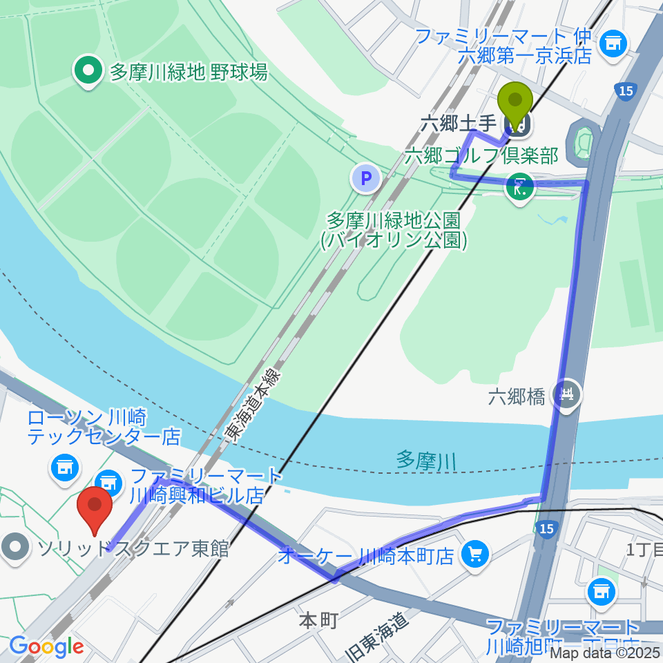 六郷土手駅から川崎市産業振興会館へのルートマップ地図