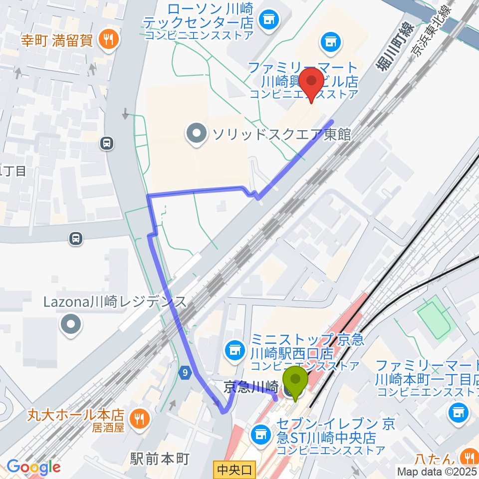 川崎市産業振興会館の最寄駅京急川崎駅からの徒歩ルート（約5分）地図