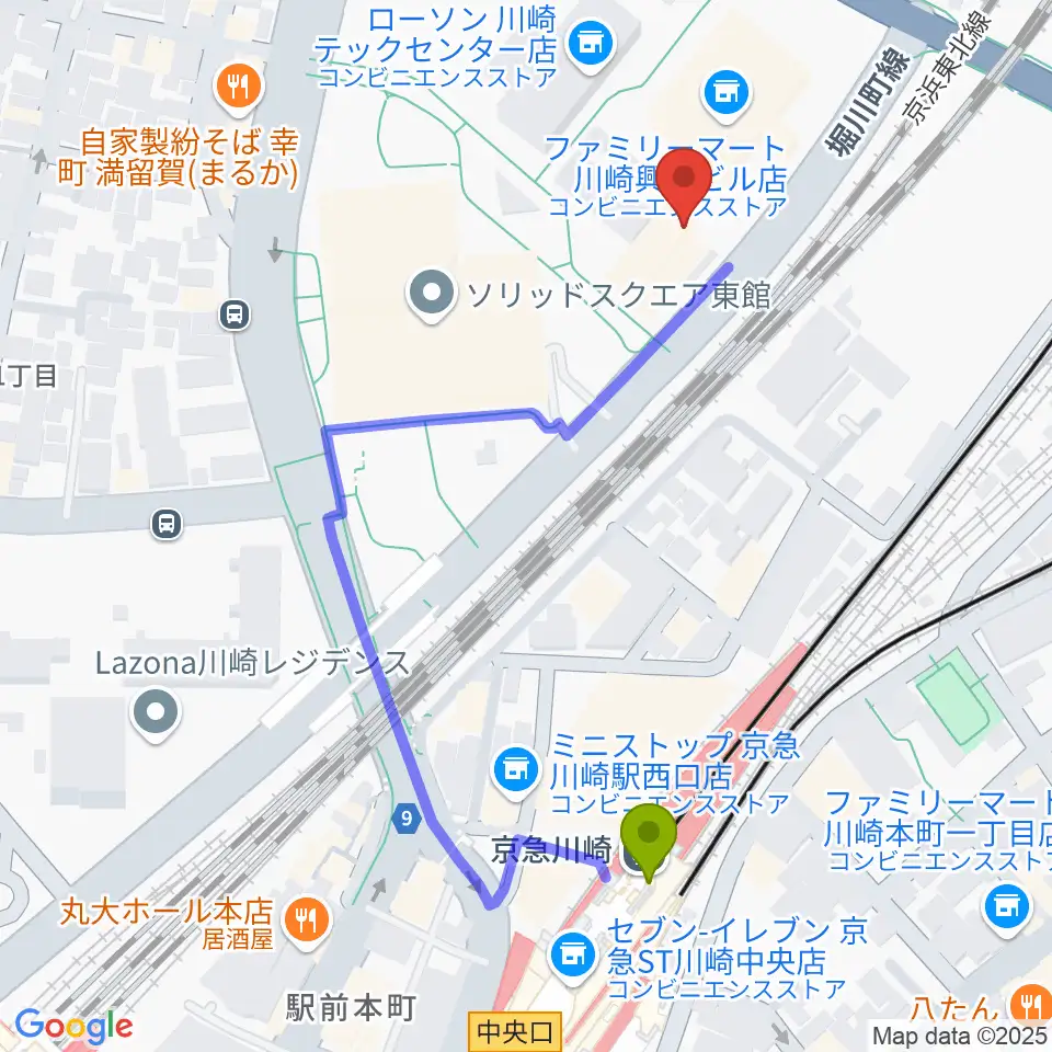 川崎市産業振興会館の最寄駅京急川崎駅からの徒歩ルート（約5分）地図