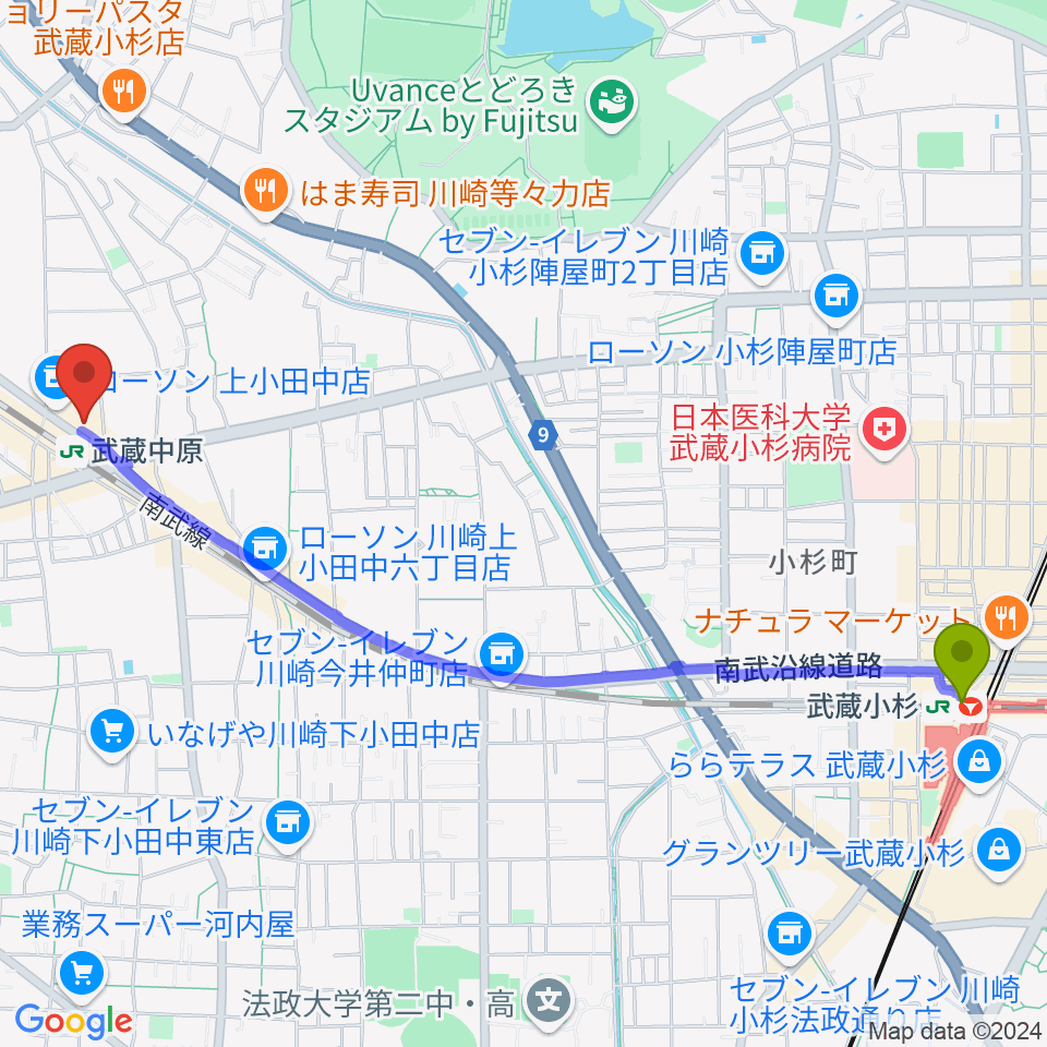 武蔵小杉駅から川崎市総合福祉センター エポックなかはらへのルートマップ地図