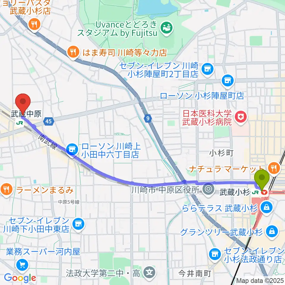 武蔵小杉駅から川崎市総合福祉センター エポックなかはらへのルートマップ地図