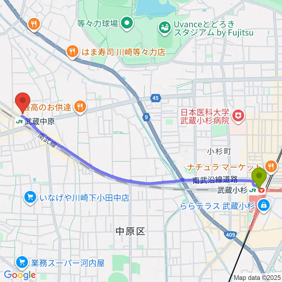 武蔵小杉駅から川崎市総合福祉センター エポックなかはらへのルートマップ地図