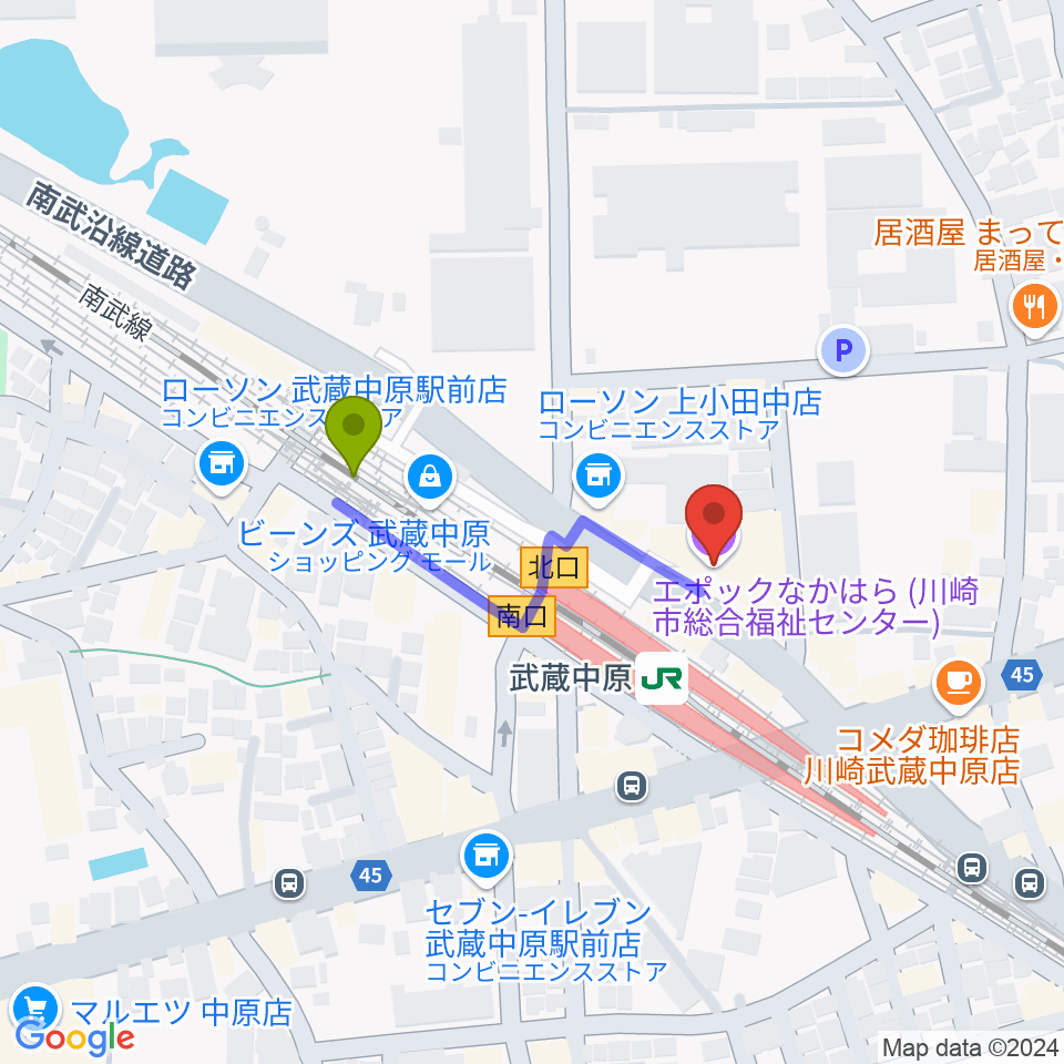 川崎市総合福祉センター エポックなかはらの最寄駅武蔵中原駅からの徒歩ルート（約3分）地図