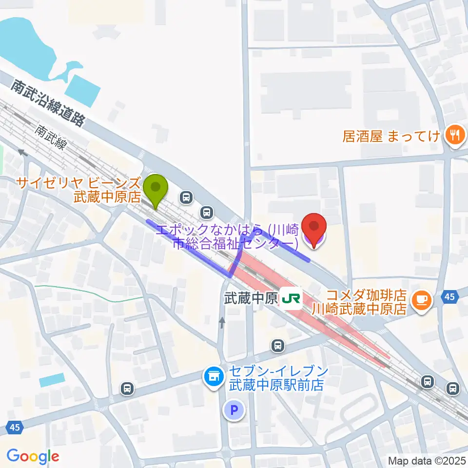 川崎市総合福祉センター エポックなかはらの最寄駅武蔵中原駅からの徒歩ルート（約3分）地図