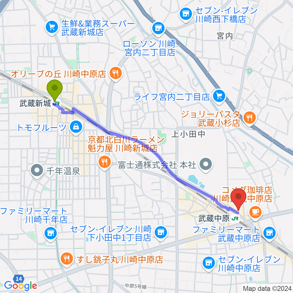 武蔵新城駅から川崎市総合福祉センター エポックなかはらへのルートマップ地図