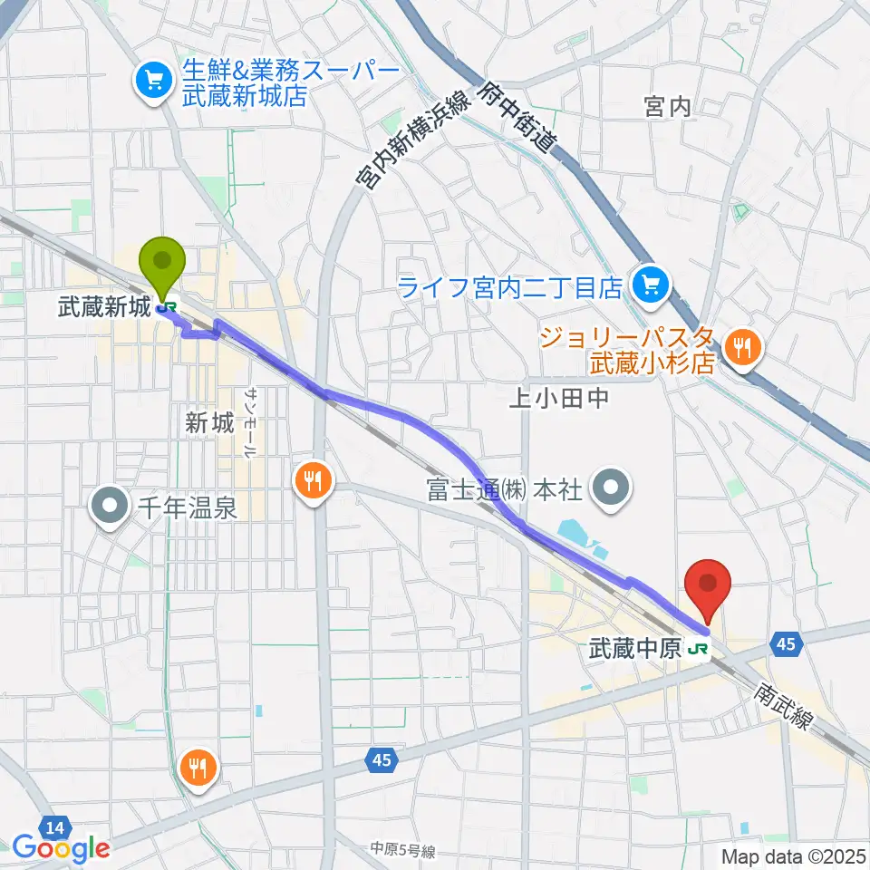 武蔵新城駅から川崎市総合福祉センター エポックなかはらへのルートマップ地図