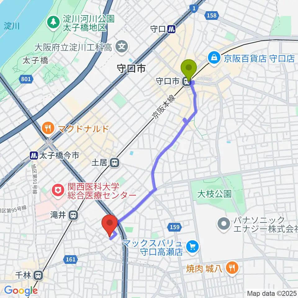 守口市駅から井谷ギター教室へのルートマップ地図