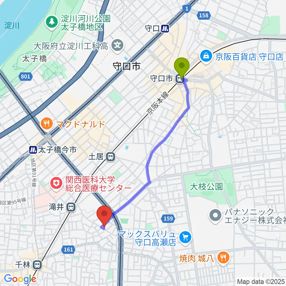 守口市駅から井谷ギター教室へのルートマップ地図