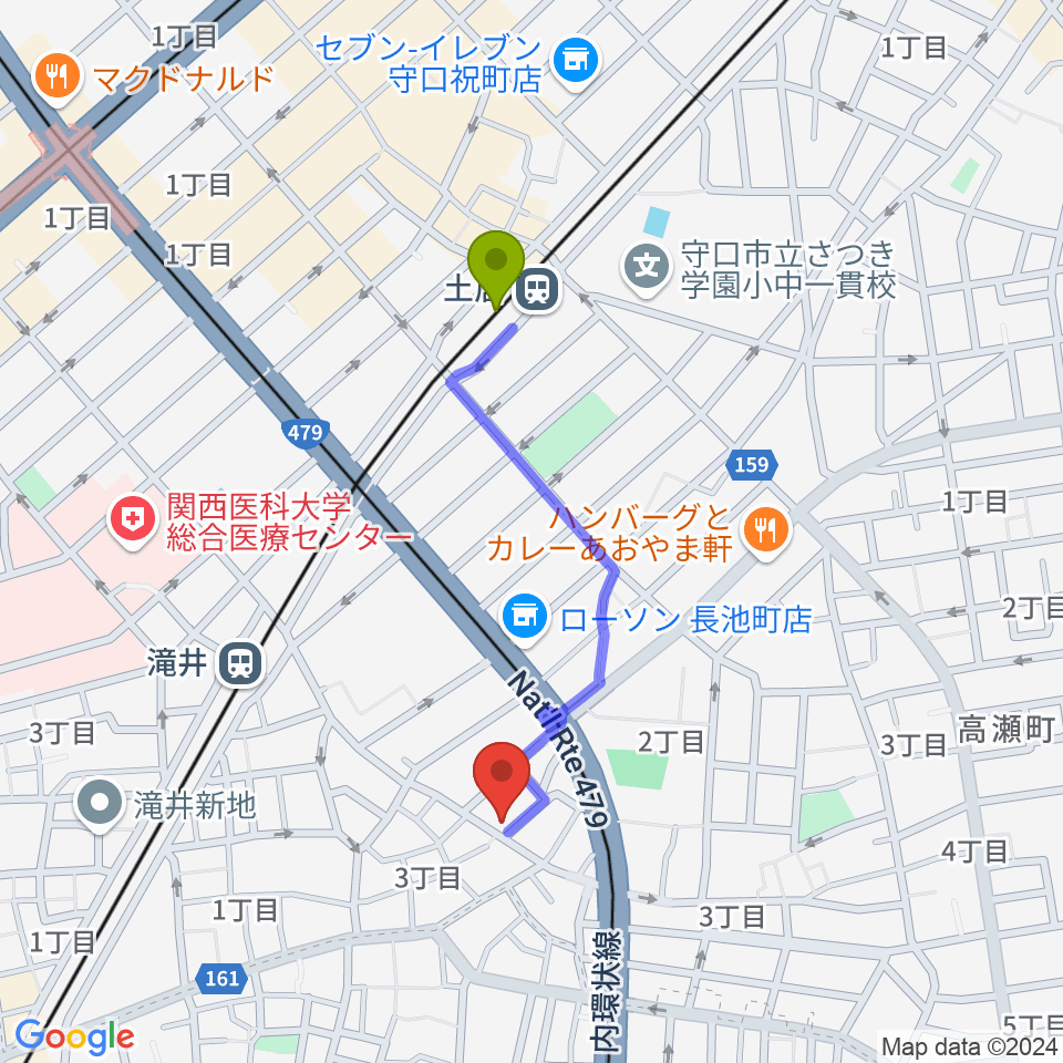 土居駅から井谷ギター教室へのルートマップ地図