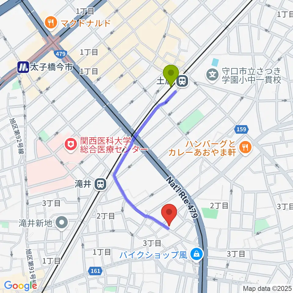 土居駅から井谷ギター教室へのルートマップ地図