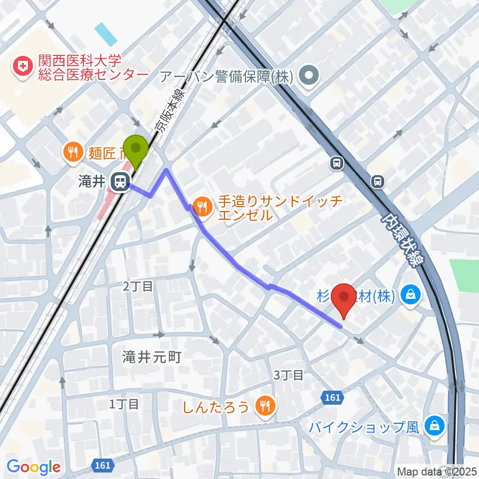 井谷ギター教室の最寄駅滝井駅からの徒歩ルート（約4分）地図