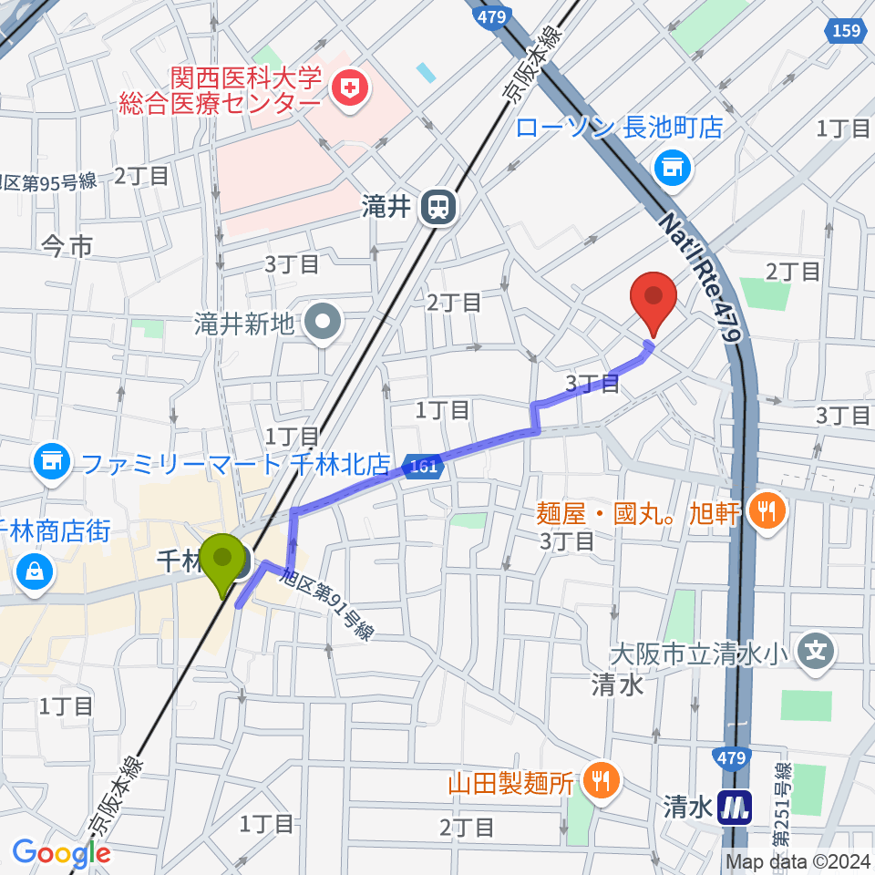 千林駅から井谷ギター教室へのルートマップ地図