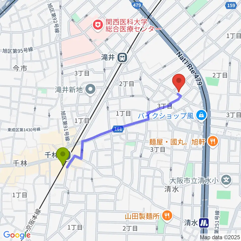 千林駅から井谷ギター教室へのルートマップ地図