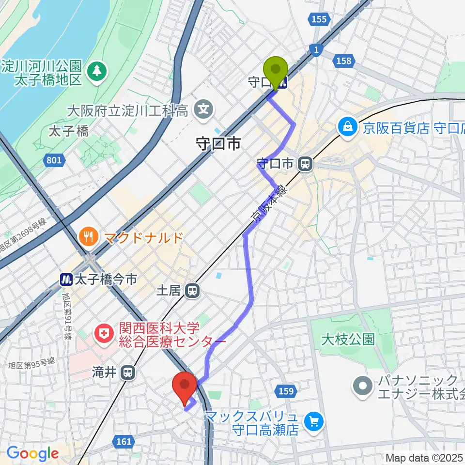 守口駅から井谷ギター教室へのルートマップ地図