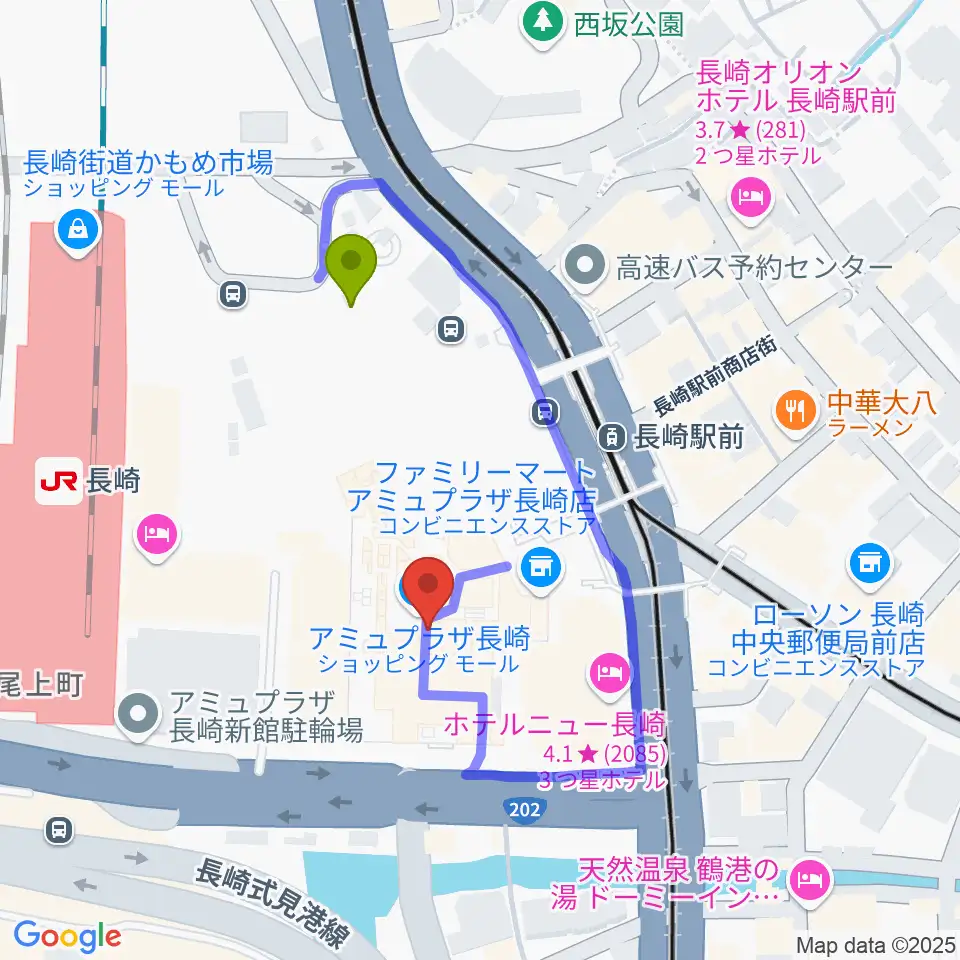 島村楽器 アミュプラザ長崎店の最寄駅長崎駅からの徒歩ルート（約3分）地図