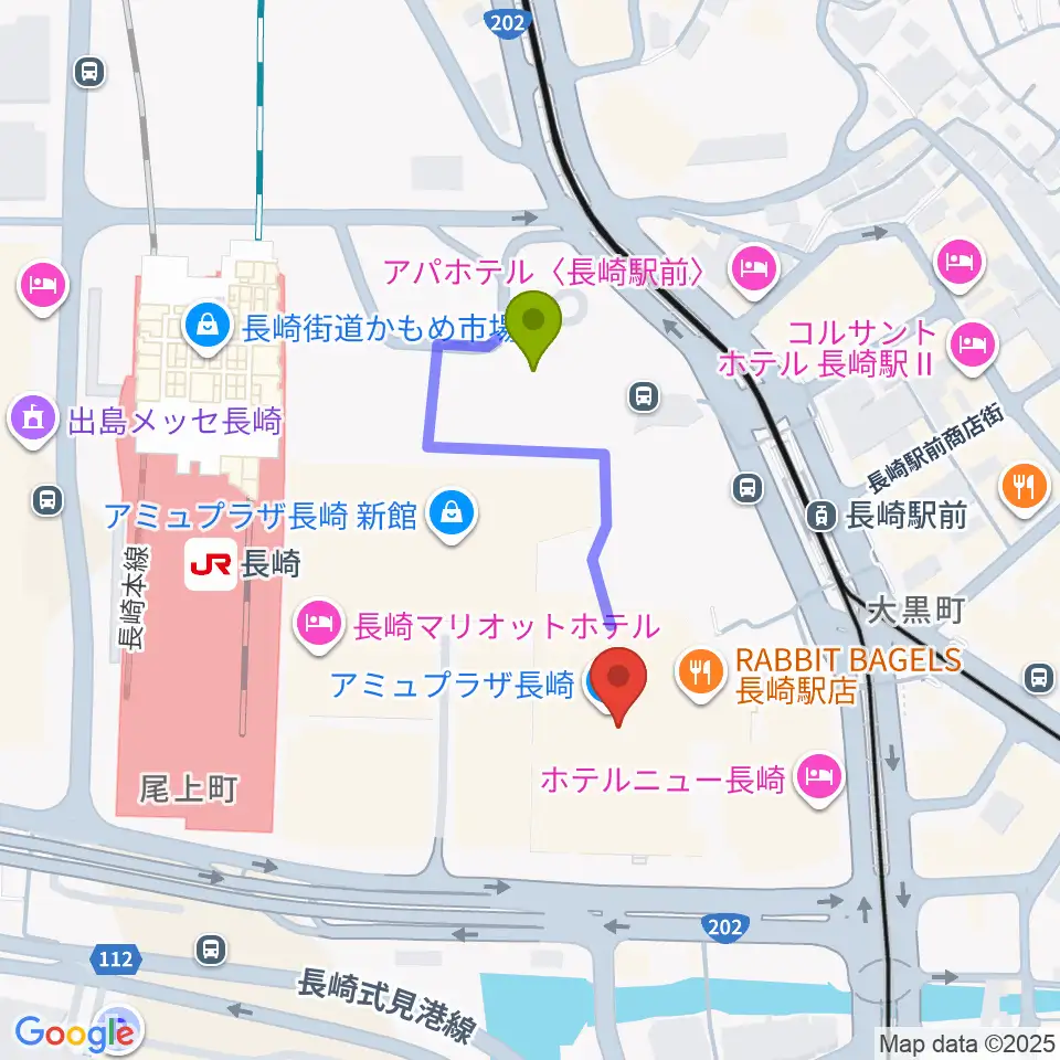 島村楽器 アミュプラザ長崎店の最寄駅長崎駅からの徒歩ルート（約3分）地図