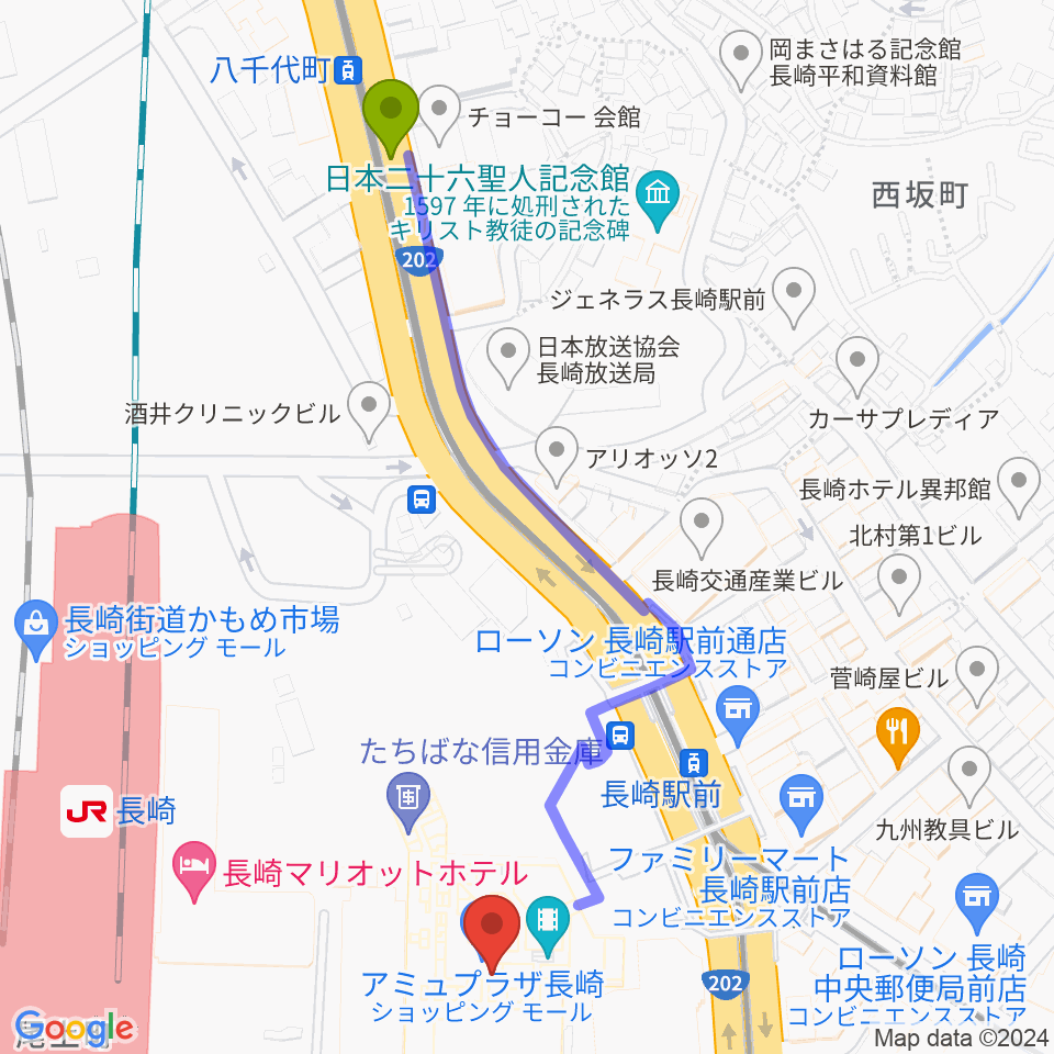 八千代町駅から島村楽器 アミュプラザ長崎店へのルートマップ地図