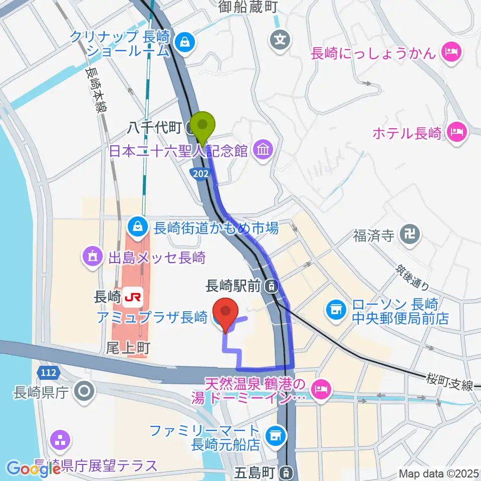 八千代町駅から島村楽器 アミュプラザ長崎店へのルートマップ地図