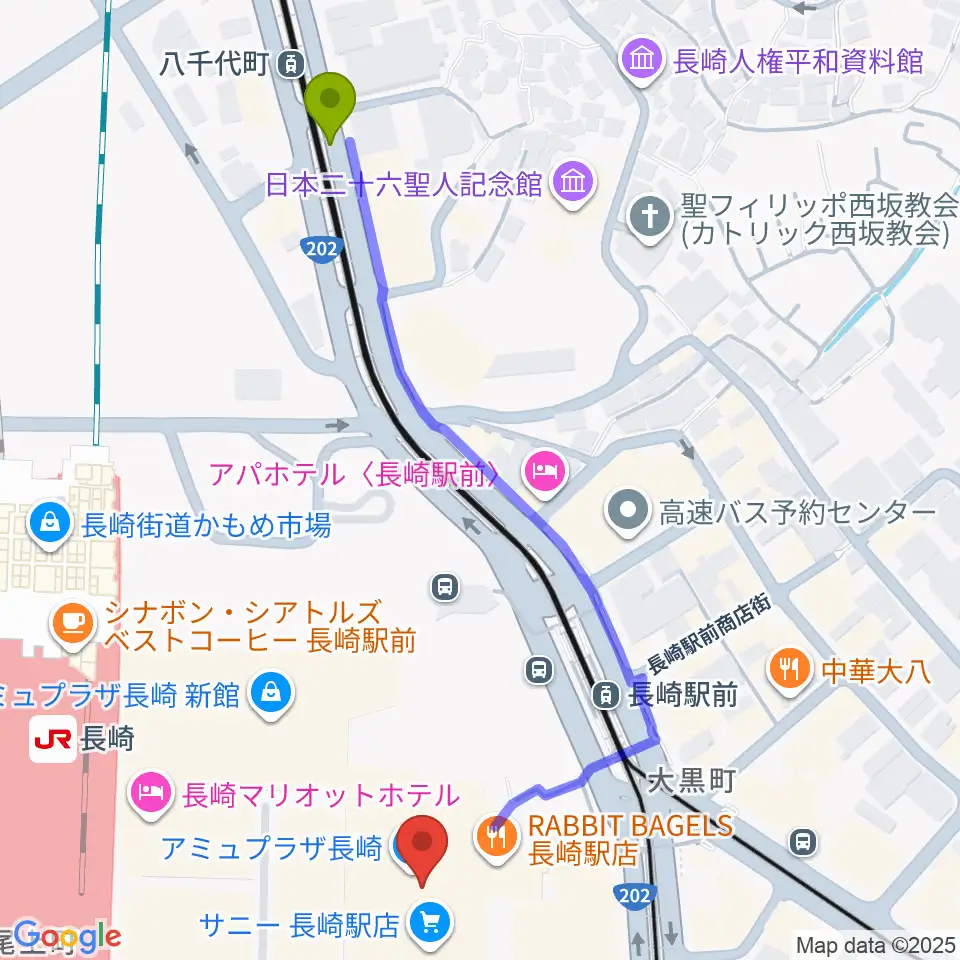八千代町駅から島村楽器 アミュプラザ長崎店へのルートマップ地図