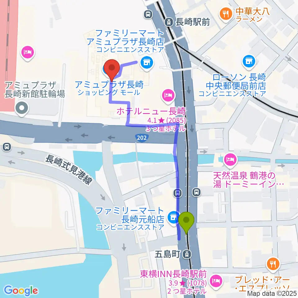 五島町駅から島村楽器 アミュプラザ長崎店へのルートマップ地図