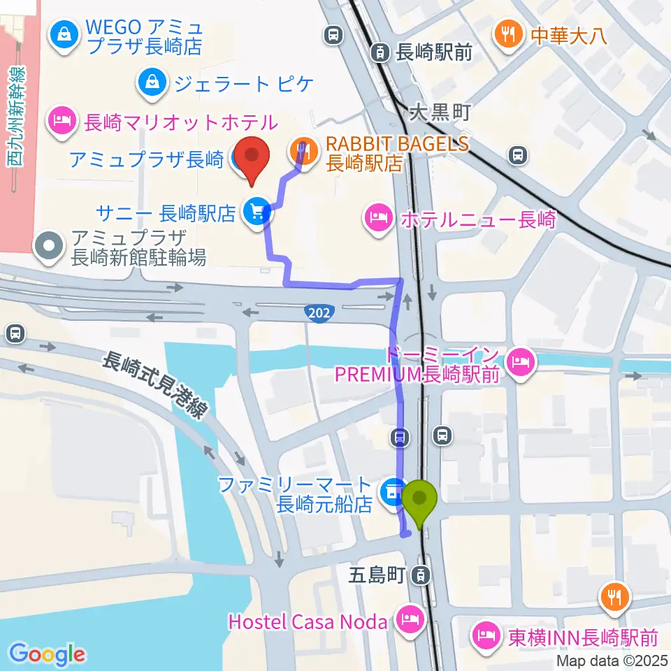 五島町駅から島村楽器 アミュプラザ長崎店へのルートマップ地図