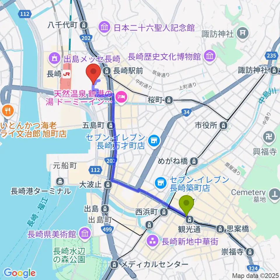 観光通駅から島村楽器 アミュプラザ長崎店へのルートマップ地図
