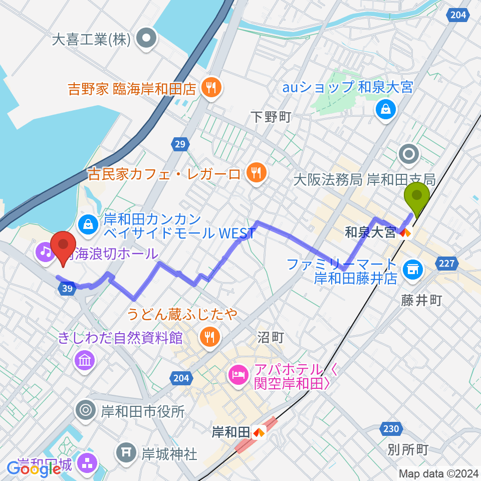 和泉大宮駅から南海浪切ホールへのルートマップ地図