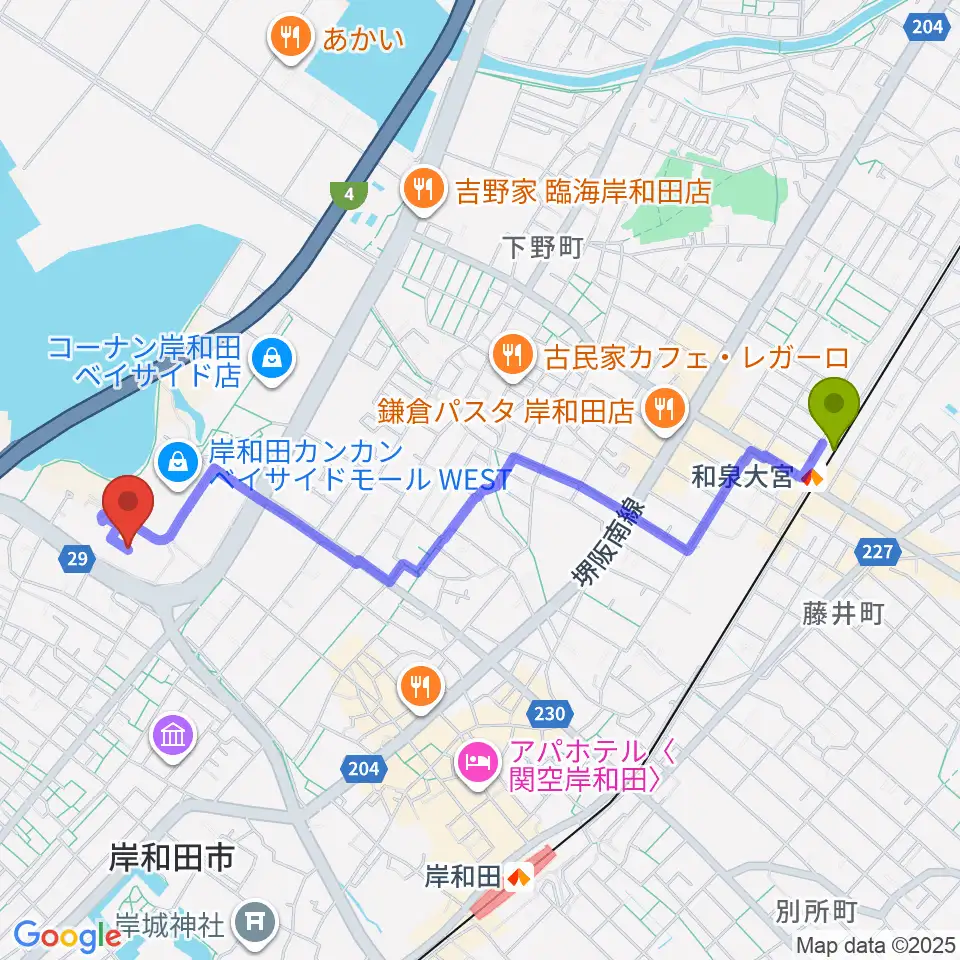 和泉大宮駅から南海浪切ホールへのルートマップ地図