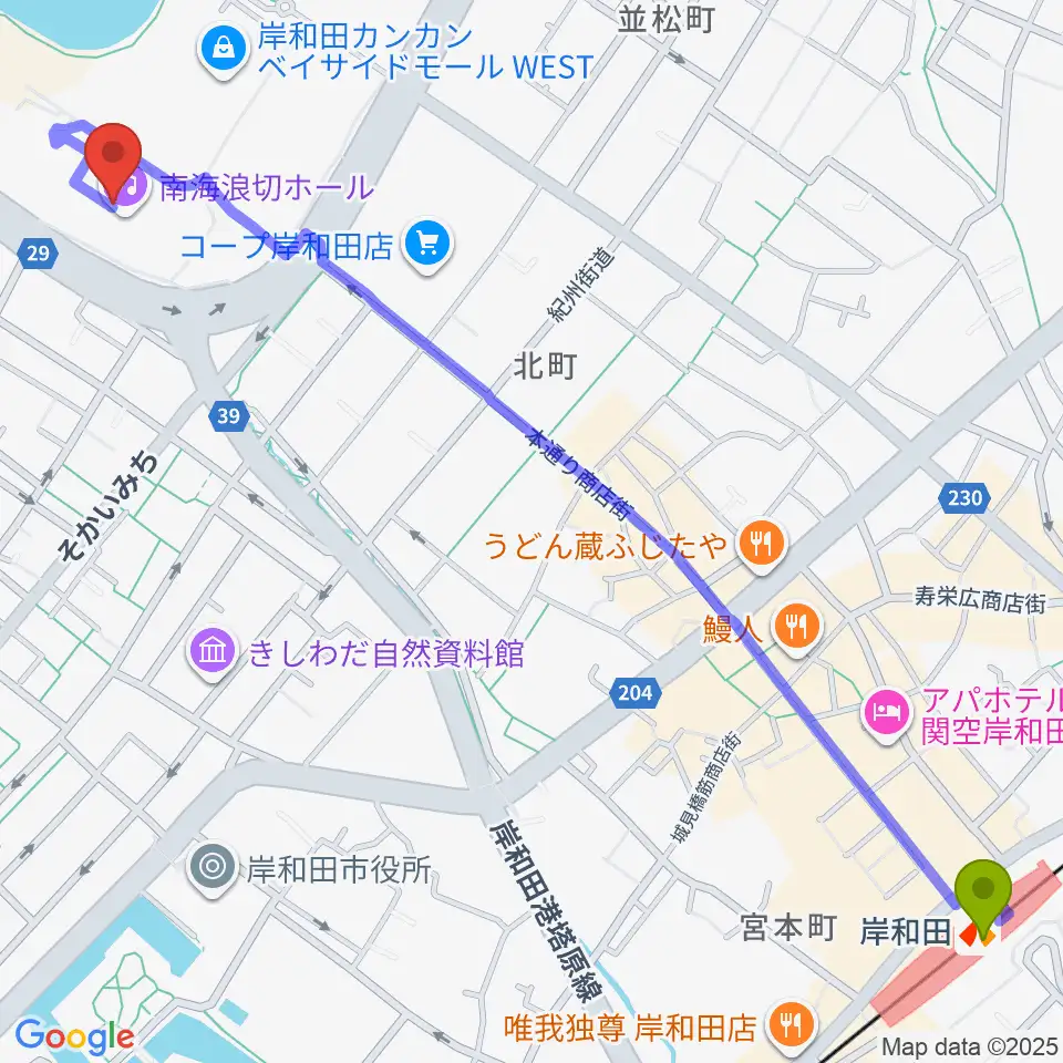南海浪切ホールの最寄駅岸和田駅からの徒歩ルート（約17分）地図