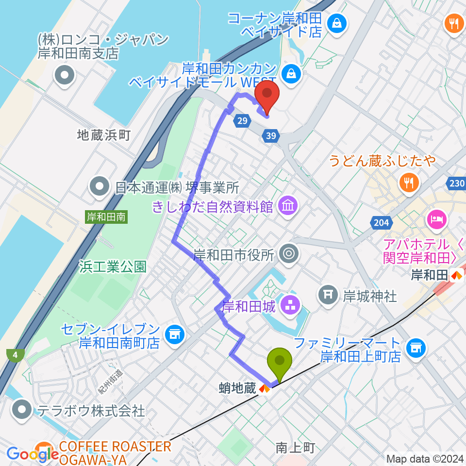 蛸地蔵駅から南海浪切ホールへのルートマップ地図