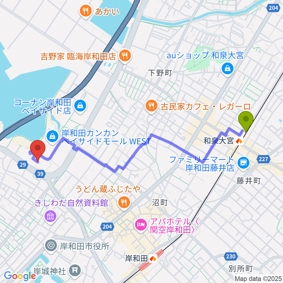 和泉大宮駅から南海浪切ホール スタジオへのルートマップ地図