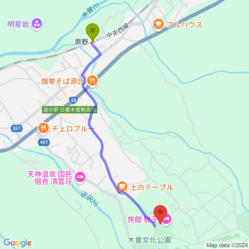 木曽文化公園文化ホールの最寄駅原野駅からの徒歩ルート（約24分）地図