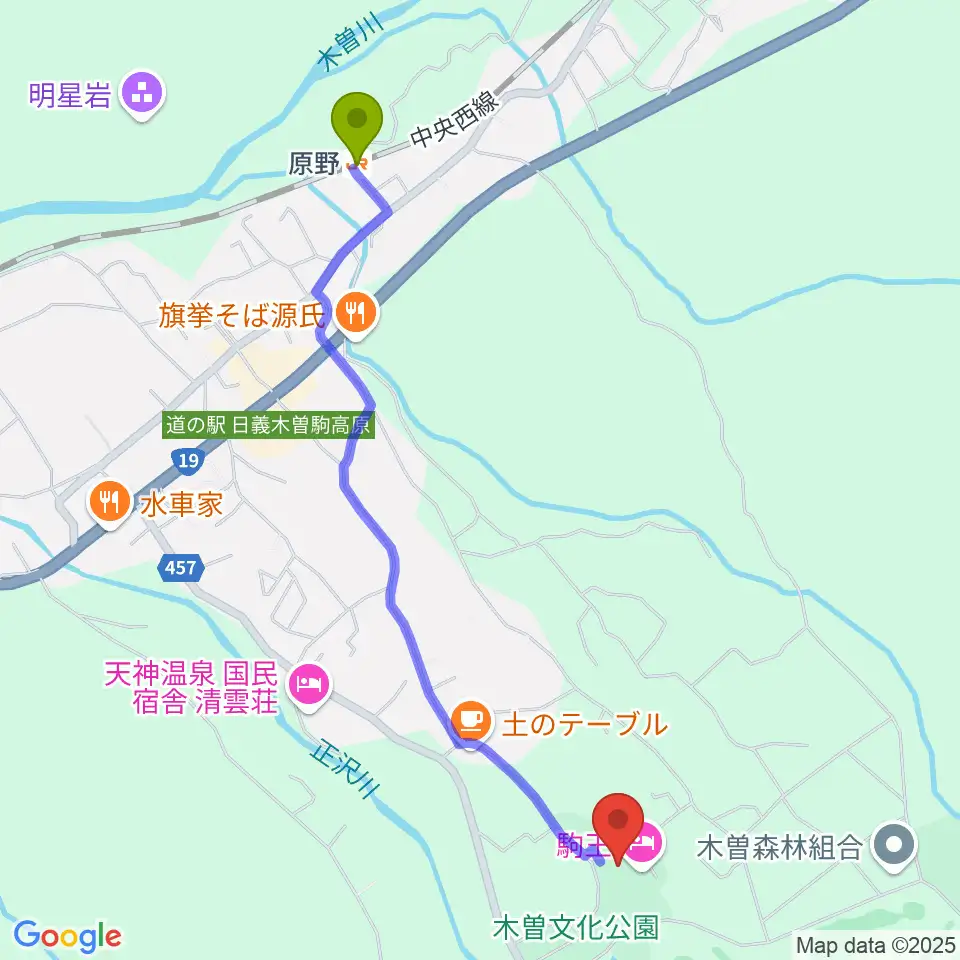木曽文化公園文化ホールの最寄駅原野駅からの徒歩ルート（約24分）地図
