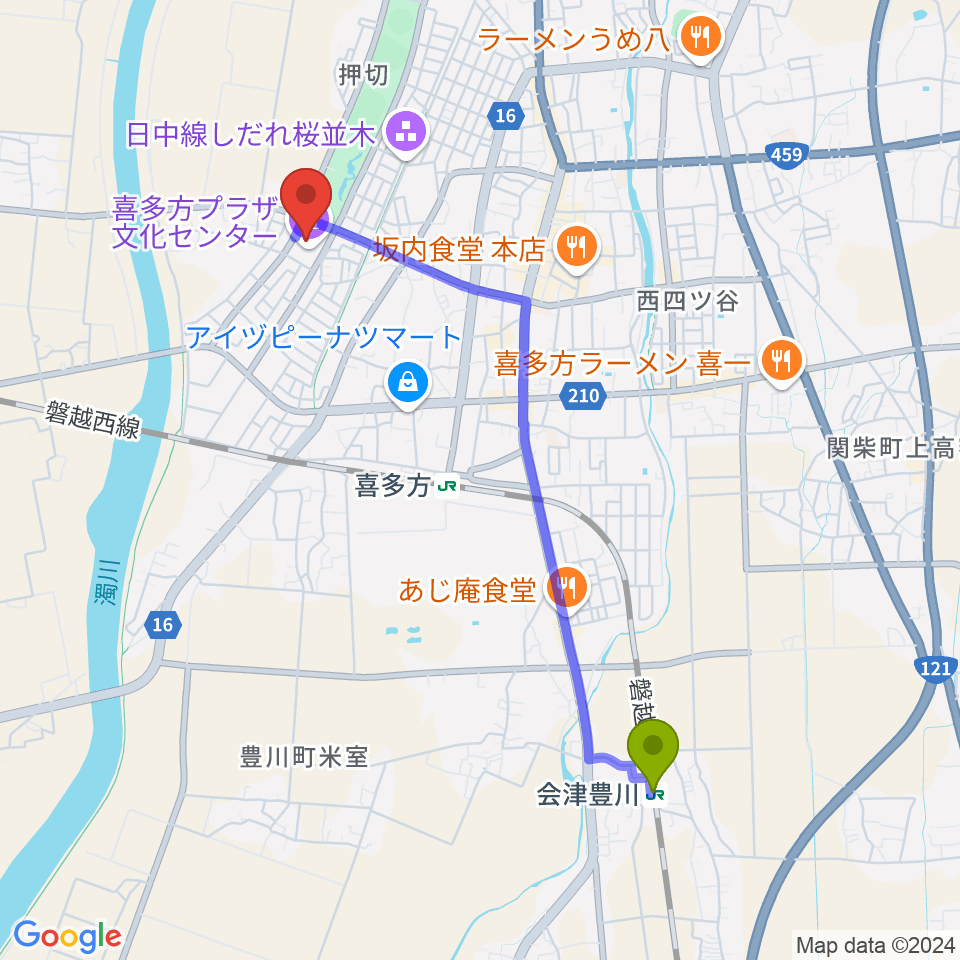 会津豊川駅から喜多方プラザ文化センターへのルートマップ地図