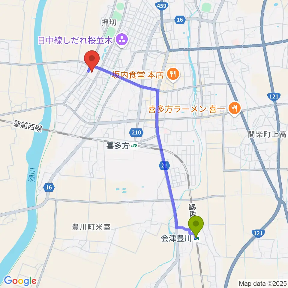 会津豊川駅から喜多方プラザ文化センターへのルートマップ地図