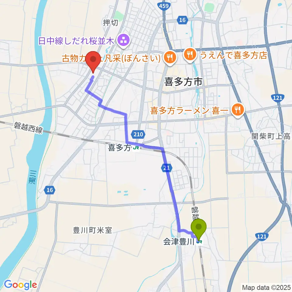 会津豊川駅から喜多方プラザ文化センターへのルートマップ地図