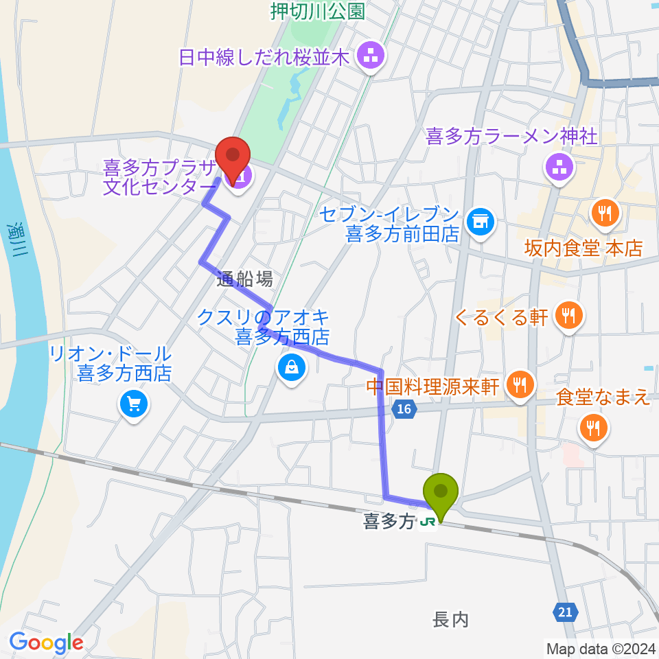 喜多方プラザ文化センターの最寄駅喜多方駅からの徒歩ルート（約18分）地図