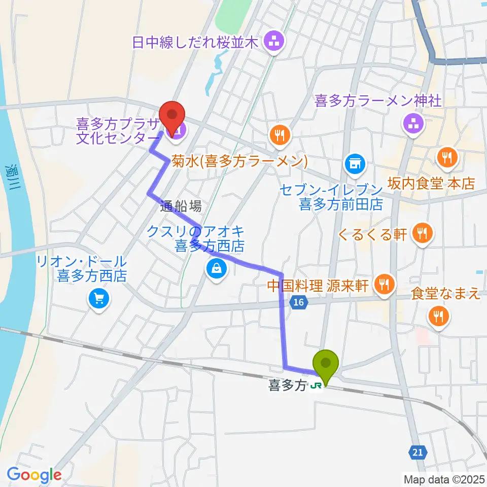 喜多方プラザ文化センターの最寄駅喜多方駅からの徒歩ルート（約18分）地図