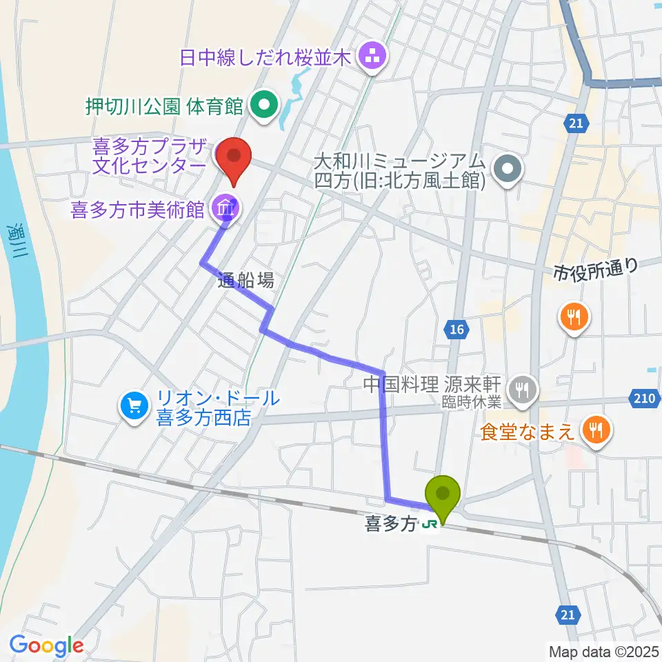 喜多方プラザ文化センターの最寄駅喜多方駅からの徒歩ルート（約18分）地図