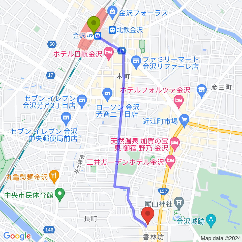 金沢駅から北國新聞赤羽ホールへのルートマップ地図