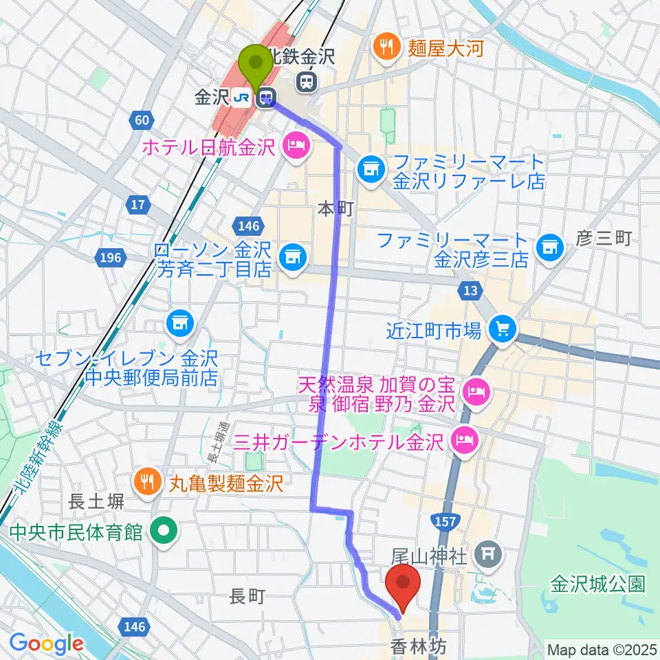 金沢駅から北國新聞赤羽ホールへのルートマップ地図