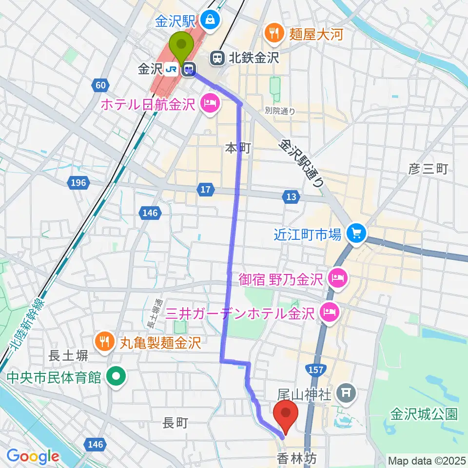 金沢駅から北國新聞赤羽ホールへのルートマップ地図