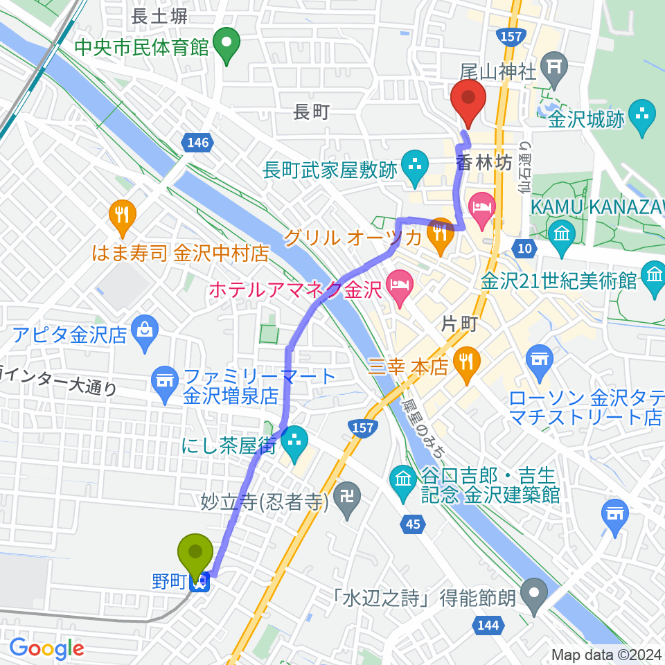 北國新聞赤羽ホールの最寄駅野町駅からの徒歩ルート（約24分）地図
