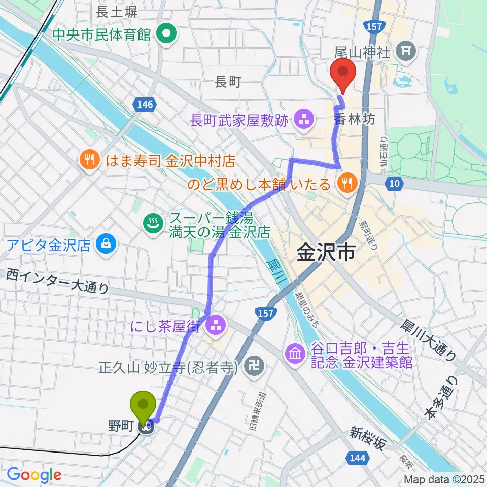 北國新聞赤羽ホールの最寄駅野町駅からの徒歩ルート（約24分）地図