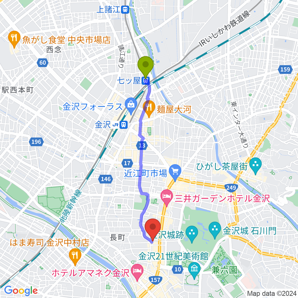 七ツ屋駅から北國新聞赤羽ホールへのルートマップ地図