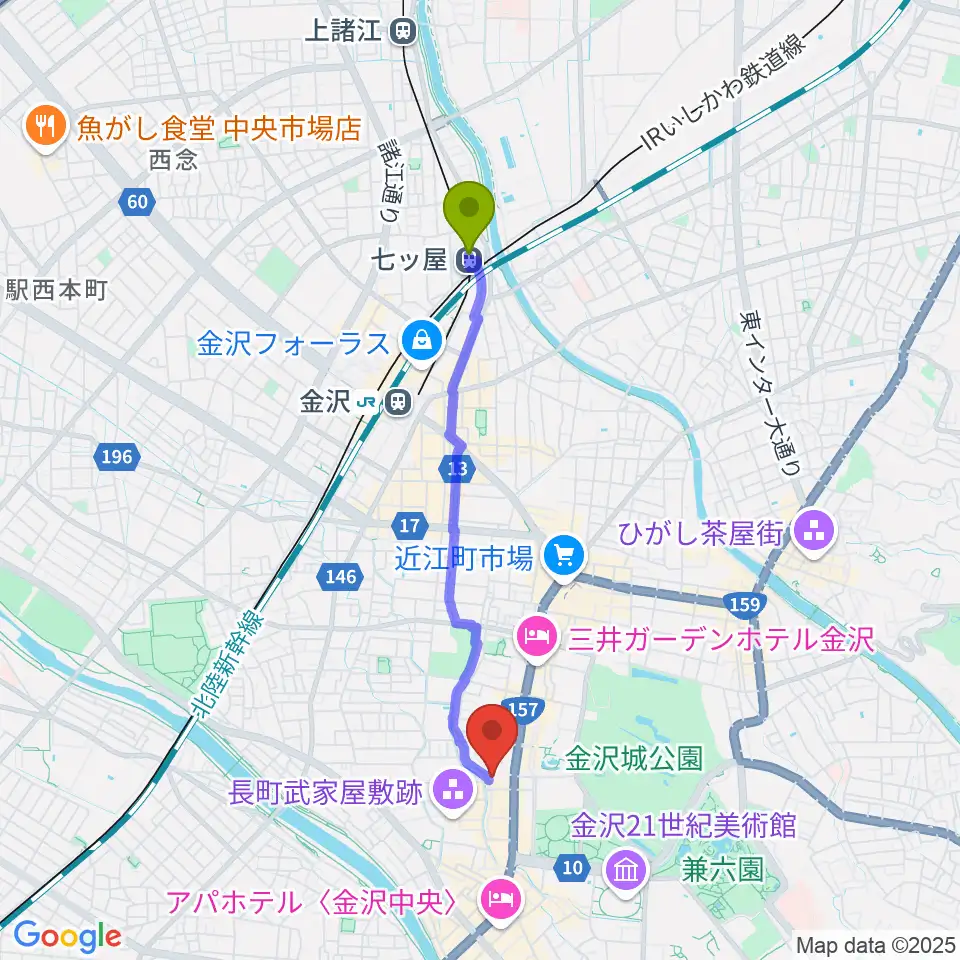 七ツ屋駅から北國新聞赤羽ホールへのルートマップ地図