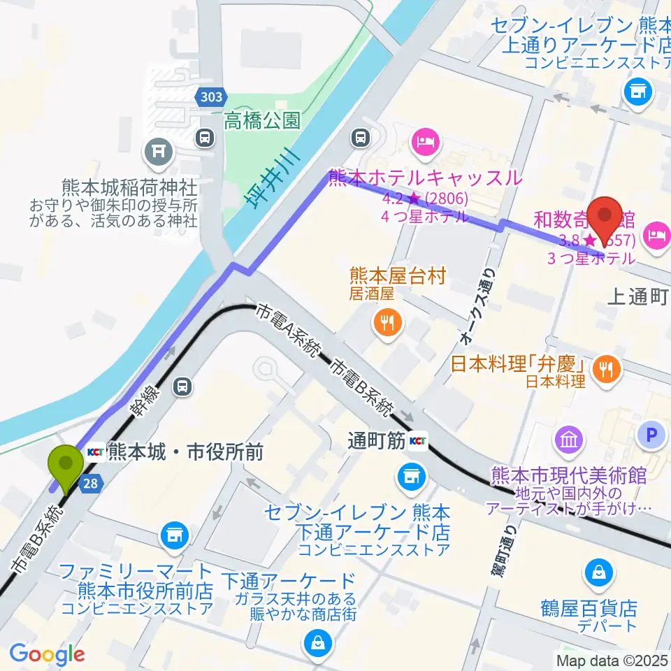 熊本城・市役所前駅から大谷楽器店へのルートマップ地図